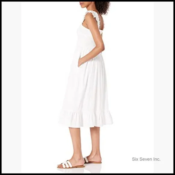 Cotton Smocked Midi Dress with Ruffled Shoulders - Picture 3 of 6